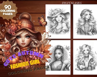 Autumn Fashion Girl Coloring Book, 90 Page, Grayscale (Printable PDF)