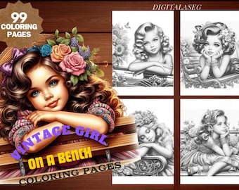 Vintage Girl Coloring Book: 99 Page Grayscale Illustrations (Printable PDF)