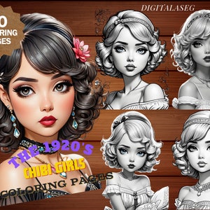 May include: A set of 50 coloring pages featuring illustrations of girls in 1920s style clothing. The title of the set is "The 1920's Chibi Girls Coloring Pages".