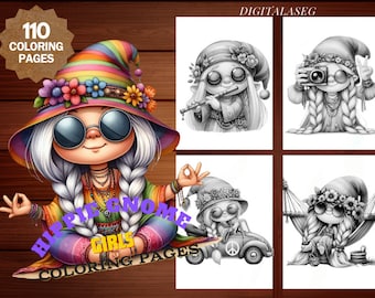 Hippie Gnome Girls Coloring Book: 110 Grayscale Pages (Printable PDF)