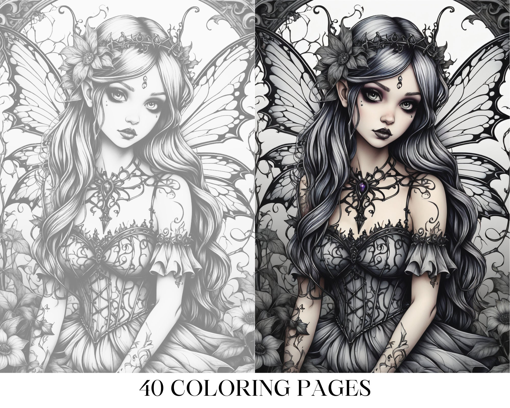 Gothic Fairy Coloring Pages 40 Pages Adult & Kids , Grayscale, Light ...