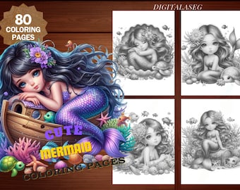 Libro para colorear de sirenas, 80 páginas en escala de grises (PDF imprimible)