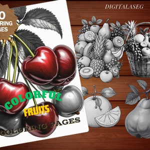 Peut inclure: Une couverture de livre de coloriage avec 70 pages de coloriage repr&eacute;sentant une vari&eacute;t&eacute; de fruits, notamment des cerises, des poires, des pommes, des ananas et des raisins. La couverture pr&eacute;sente une illustration en noir et blanc des fruits, avec le titre "Fruits color&eacute;s Pages de coloriage" en texte vert et blanc.