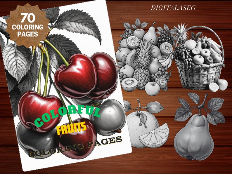 Peut inclure: Une couverture de livre de coloriage avec 70 pages de coloriage repr&eacute;sentant une vari&eacute;t&eacute; de fruits, notamment des cerises, des poires, des pommes, des ananas et des raisins. La couverture pr&eacute;sente une illustration en noir et blanc des fruits, avec le titre "Fruits color&eacute;s Pages de coloriage" en texte vert et blanc.