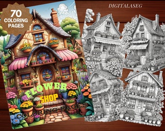 May include: A coloring book featuring a whimsical flower shop with a pink awning and a sign that reads "Flower Shop". The book includes 70 coloring pages and is illustrated in black and white.