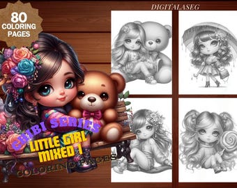 May include: A set of 80 coloring pages featuring cute chibi girls with various accessories and animals. The pages are titled "Chibi Series Little Girl Mixed 1".