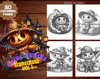 Chibi Scarecrow Coloring Book: 80 Grayscale Pages (Printable PDF)