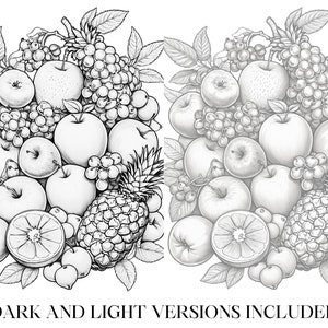 Peut inclure: Une illustration en noir et blanc d'une vari&eacute;t&eacute; de fruits, dont des pommes, des oranges, des ananas et des raisins. Les fruits sont dispos&eacute;s en grappe, les ananas en haut et les oranges en bas.