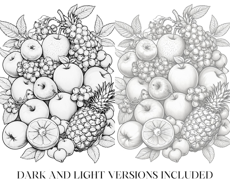 Peut inclure: Une illustration en noir et blanc d'une vari&eacute;t&eacute; de fruits, dont des pommes, des oranges, des ananas et des raisins. Les fruits sont dispos&eacute;s en grappe, les ananas en haut et les oranges en bas.