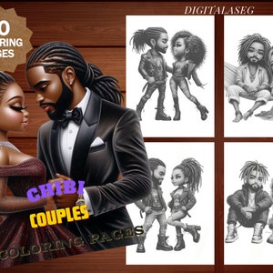 May include: 80 coloring pages featuring black and white illustrations of chibi couples. The illustrations depict couples in various poses, including a couple dancing, a couple sitting on a hammock, and a couple standing together. The text "CHIBI COUPLES COLORING PAGES" is printed on the image.