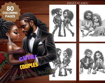 Chibi Couples Coloring Book: 80 Grayscale Pages (Printable PDF)