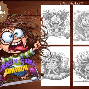 Crazy Girl Cartoon Coloring Pages Adult & Kid Coloring Book, Grayscale, light grayscale, Instant Download, PDF. File.