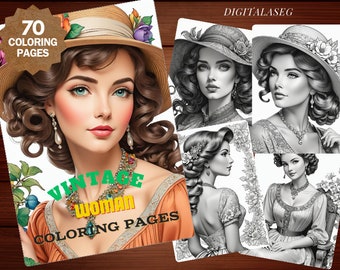 Libro para colorear de mujer vintage: 70 páginas en escala de grises (PDF imprimible)