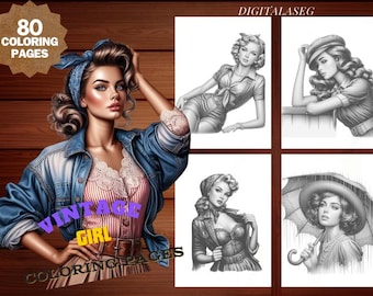 Vintage Girl Coloring Book: 80 Grayscale Illustrations (Printable PDF)
