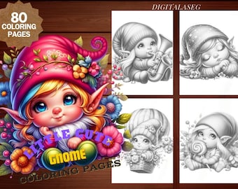 Gnome Coloring Book, Grayscale Illustrations (Printable PDF, 80 Pages )