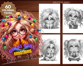 Chibi Girl Emotions Coloring Book: 60 Grayscale Pages (Printable PDF)