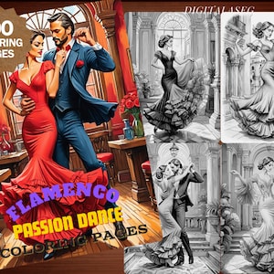 Puede incluir: Un libro para colorear con 100 páginas que presenta a una pareja bailando flamenco. La portada muestra a un hombre y una mujer con un atuendo rojo y azul, bailando en un restaurante. El título del libro es "Flamenco Passion Dance Coloring Pages".