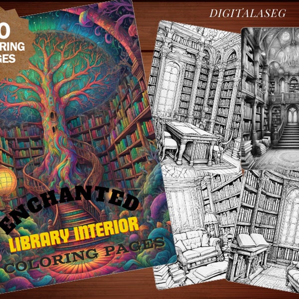 Enchanted  Library Coloring Pages (50 Pages) Adult & Kids Coloring Book, Grayscale, Coloring Sheets, Instant Download, Printable PDF File.