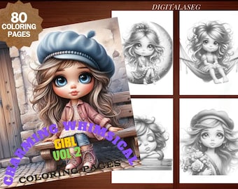 Whimsical Girl Coloring Book: Grayscale Illustrations (Printable PDF)
