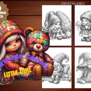 May include: A set of 80 coloring pages featuring patchwork gnome illustrations. The pages include a girl gnome with a patchwork hat and dress, a bear gnome, and other gnome characters. The text "Patchwork Gnome Little Girl Coloring Pages" is visible in the image.