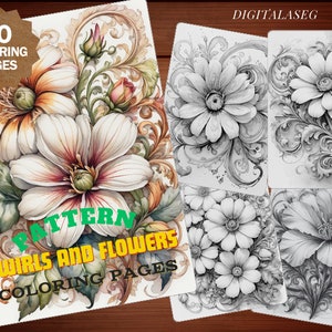 May include: 40 coloring pages featuring intricate floral patterns and swirls. The pages include a variety of flowers, including dahlias, roses, and other blooms. The designs are detailed and would be perfect for adult coloring books.
