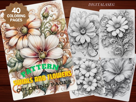 Floral Swirls Coloring Pages: Grayscale Art for Adults & Kids (PDF)