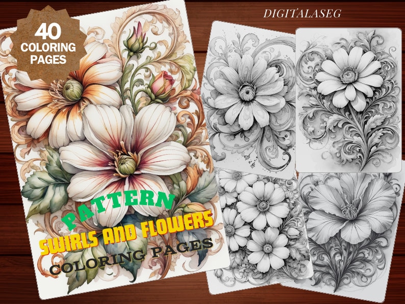 May include: 40 coloring pages featuring intricate floral patterns and swirls. The pages include a variety of flowers, including dahlias, roses, and other blooms. The designs are detailed and would be perfect for adult coloring books.