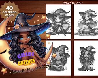May include: A set of four coloring pages featuring chibi witches. The witches are dressed in black dresses and hats with floral accents. The pages are black and white and ready to be colored.