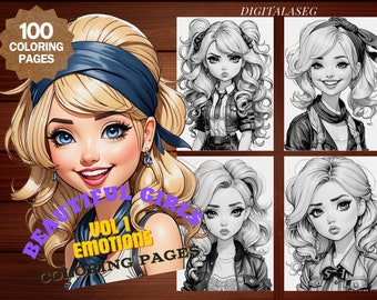 Girls Emotions Coloring Book: 100 Grayscale Pages (Printable PDF)