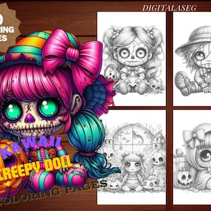 May include: 70 coloring pages featuring kawaii creepy dolls. The cover image shows a pink and blue doll with a stitched mouth, holding a pumpkin. The text "Kawaii Creepy Doll" is visible on the cover.