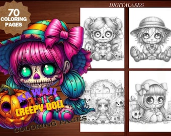Kawaii Creepy Doll Coloring Book: 70 Page Grayscale Art (Printable PDF)