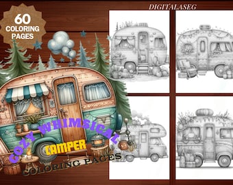 Camper Coloring Book: 60 Whimsical Pages, Grayscale (Printable PDF)