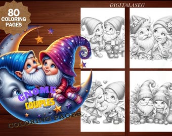 Gnome Couples Coloring Book: 80 Pages Grayscale (Printable PDF)