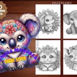 May include: 100 colouring pages featuring cute animals in a chibi style with intricate mandala designs. The animals include a koala, a rabbit, an elephant, a cat, and a giraffe.