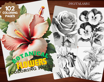 Botanical Flowers Coloring Book: Grayscale Illustrations (Printable PDF)