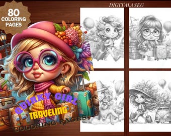 May include: A set of 80 coloring pages featuring quirky girls traveling with suitcases and other travel accessories. The pages are black and white and ready to be colored.