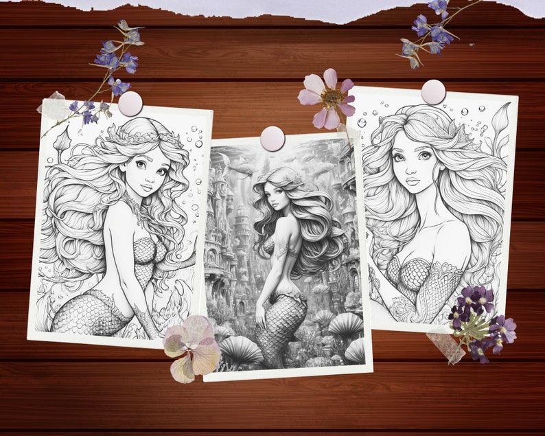 Puede incluir: Tres ilustraciones en blanco y negro de sirenas con cabello largo y fluido. Las sirenas est&aacute;n dibujadas en un estilo detallado con dise&ntilde;os intrincados en sus colas y ropa. Las ilustraciones est&aacute;n sobre un fondo de burbujas y algas marinas.