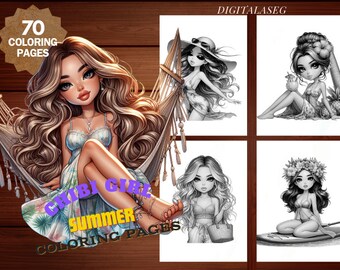 Chibi Girl Summer Coloring Book: 70 Grayscale Pages (Printable PDF)