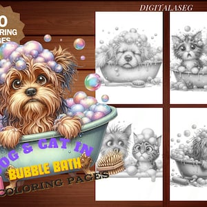 May include: A set of 60 coloring pages featuring dogs and cats in bubble baths. The images are in black and white and include a variety of poses and expressions. The title of the set is "Dog & Cat in Bubble Bath Coloring Pages".