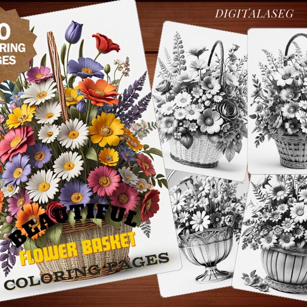 Beautiful Flower Basket Coloring Pages (50 Pages) Adult & Kids Coloring Book, Grayscale, Coloring Sheets, Instant Download, Printable PDF