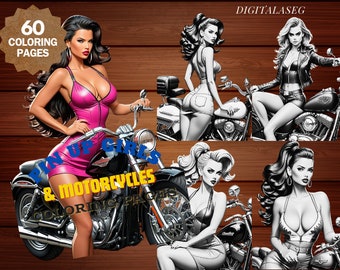 Pin Up Girls & Motorcycles Coloring Book: 60 Grayscale Pages (Printable PDF)