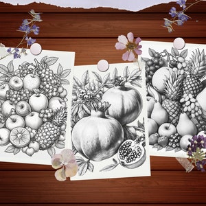 Peut inclure: Trois dessins au crayon noir et blanc de fruits. Le premier dessin montre une vari&eacute;t&eacute; de pommes, de poires et d'ananas. Le deuxi&egrave;me dessin montre deux grenades et une graine de grenade. Le troisi&egrave;me dessin montre une vari&eacute;t&eacute; de fruits, notamment des pommes, des poires, des raisins et des ananas.
