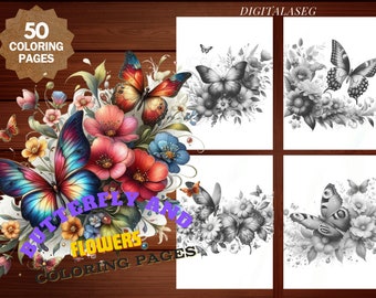 Butterfly and Flowers Coloring Book: 50 Grayscale Pages (Printable PDF)