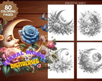 Floral Moon Coloring Book: Grayscale Illustrations (PDF Download)