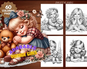 Vintage Girl Coloring Book: 60 Adorable Grayscale Pages (Printable PDF)