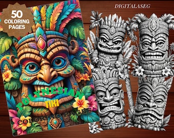 Tiki Coloring Book: 50 Polynesian Designs, Grayscale (Printable PDF)