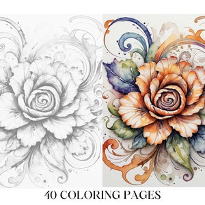 May include: A black and white line drawing of a rose with intricate swirls and leaves, next to a colored version of the same image with orange, yellow, green, blue, and purple hues.