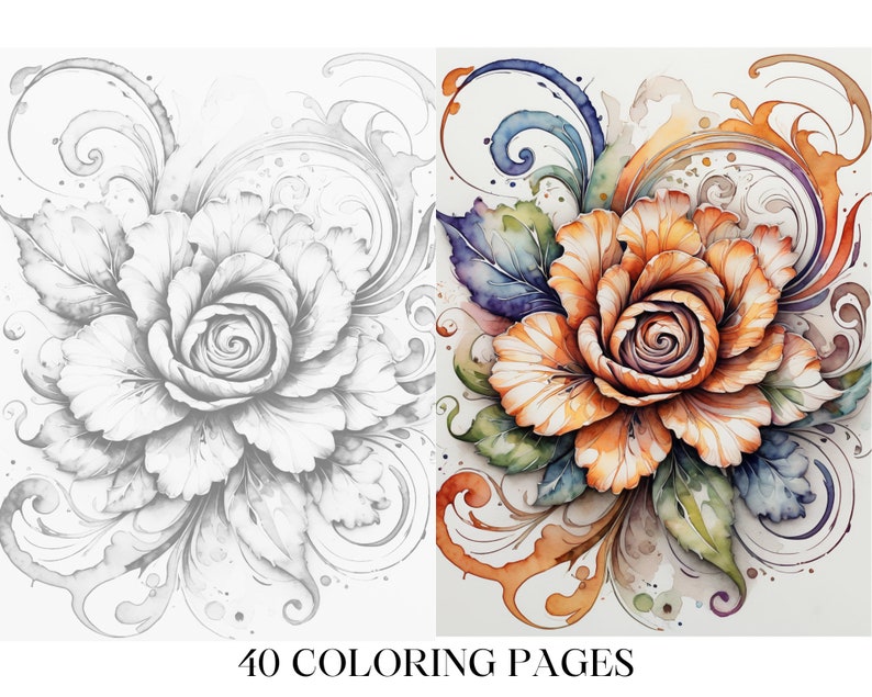 May include: A black and white line drawing of a rose with intricate swirls and leaves, next to a colored version of the same image with orange, yellow, green, blue, and purple hues.