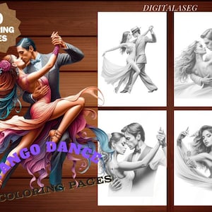 Puede incluir: Un conjunto de 80 páginas para colorear que representan parejas bailando tango. Las imágenes están en blanco y negro y representan parejas románticas en varias poses. El texto "Tango Dance Coloring Pages" está impreso en la imagen.