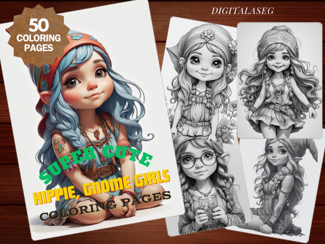 Super Cute Hippie, Gnome Girls Coloring Pages (50 Pages) Adult & Kids ...
